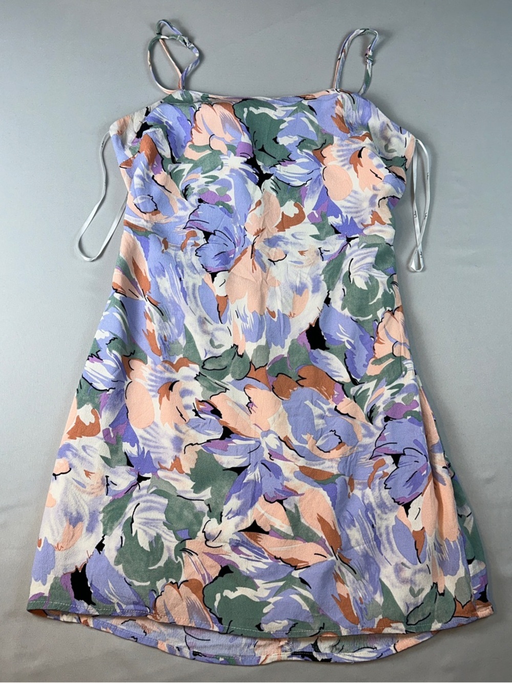Lulu's Spaghetti Strap Mini Dress Cream Lined Floral Tie Back Open